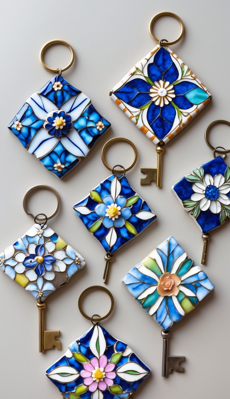 Ornamental key holders made from colorful broken China tiles arranged on a neutral background.